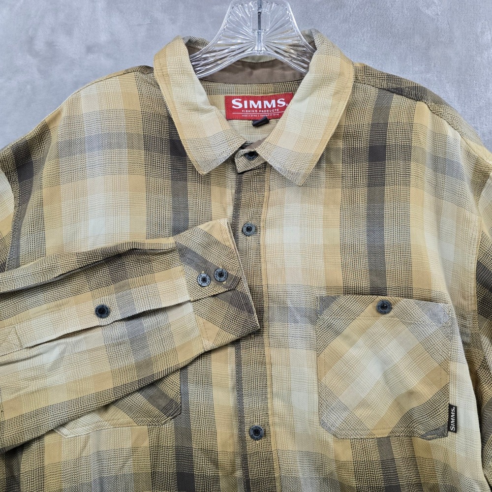 Simms Fishing flannel Shirt Mens XL Tan Plaid Long Sleeve Herringbone Button‎ Up